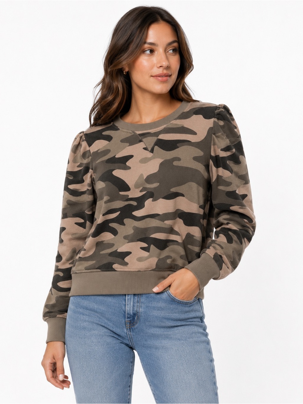Cynthia Rowley Camo Sweatshirt Women’s Size L Puff Shoulder Pullover